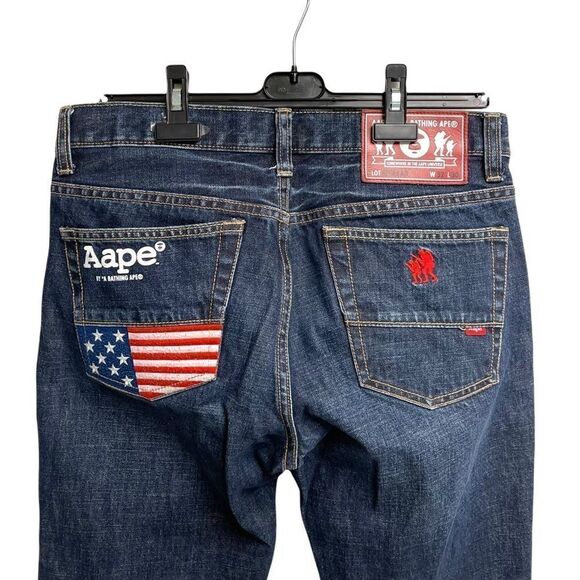 AAPE BY A BATHING APE BAPE Men’s Denim Jeans Embellished American Flag Blue 32 - Picture 2 of 8